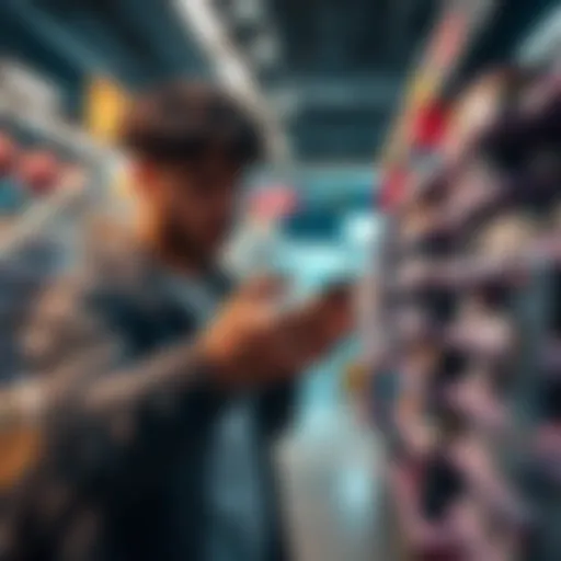 A person making a purchase using Dogecoin on a mobile phone in a store setting