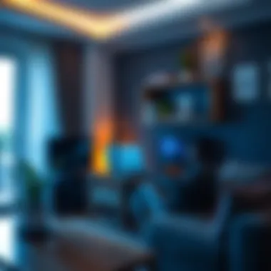 A person working on a laptop with a cryptocurrency mining rig in a stylish apartment.