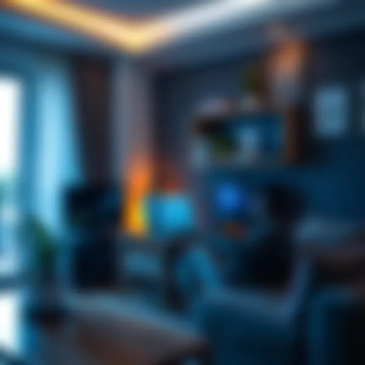 A person working on a laptop with a cryptocurrency mining rig in a stylish apartment.