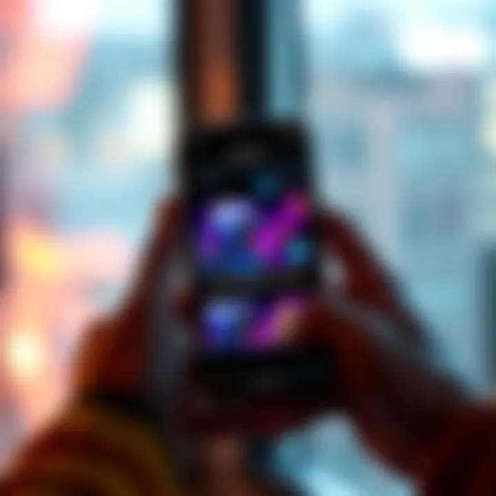 Using MetaMask for Game Rewards A person holding a smartphone displaying the MetaMask app while viewing in-game rewards, with game skins visible on the screen.