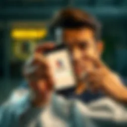 A person holding an older smartphone showing the Revolut app screen, with a worried expression.