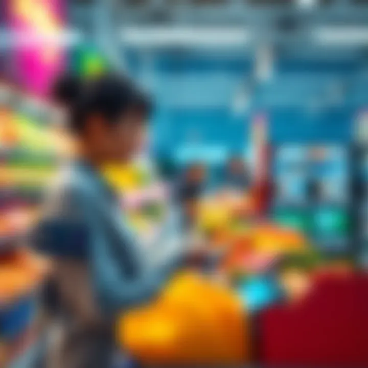 Using SolCard for Shopping A person using SolCard at a grocery store checkout, with groceries on the counter and a digital device showing transaction process.