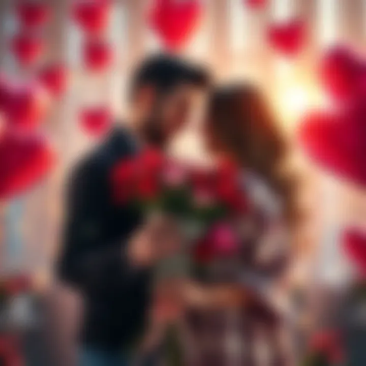 A couple sharing a romantic moment with flowers and chocolates on Valentine's Day.