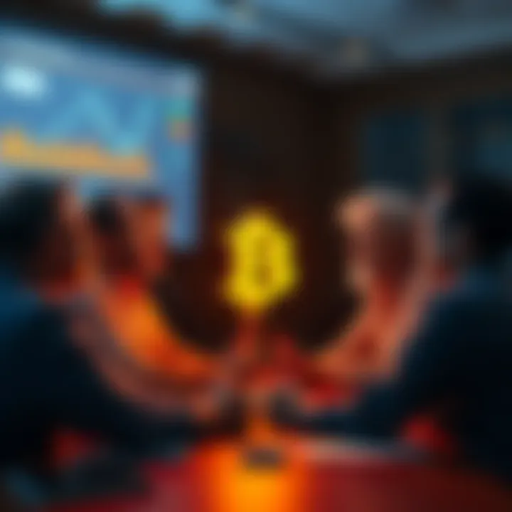 A group of people debating the classification of validator rewards, showing mixed emotions and opinions, with charts and graphs on a screen in the background.