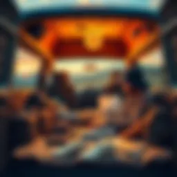 A person sitting inside a van with a laptop, contemplating selling their house for Bitcoin investment, surrounded by travel gear and Bitcoin symbols