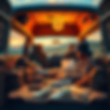 A person sitting inside a van with a laptop, contemplating selling their house for Bitcoin investment, surrounded by travel gear and Bitcoin symbols