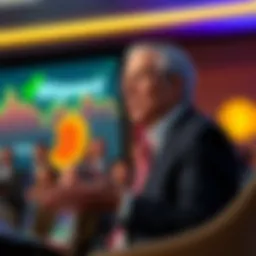 Vanguard Executive Discusses Bitcoin A Vanguard executive speaks about Bitcoin, comparing it to a digital Labubu, with an audience engaged in the background.