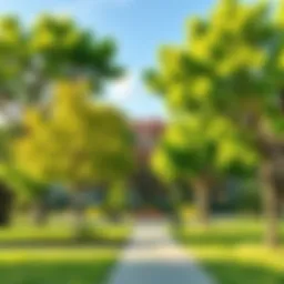 A park scene showcasing a diverse array of trees with varying shapes and sizes, surrounded by soft greenery and a clear sky