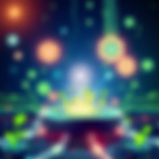 Illustration of a digital platform combining AI and blockchain to promote sustainability with green elements and technology symbols