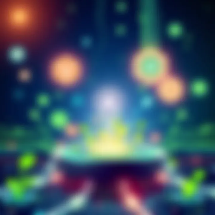 Illustration of a digital platform combining AI and blockchain to promote sustainability with green elements and technology symbols