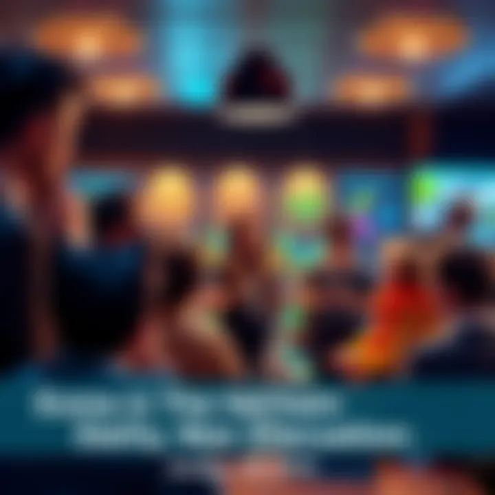 A diverse group of people engaged in a lively discussion about blockchain technology and sustainability initiatives
