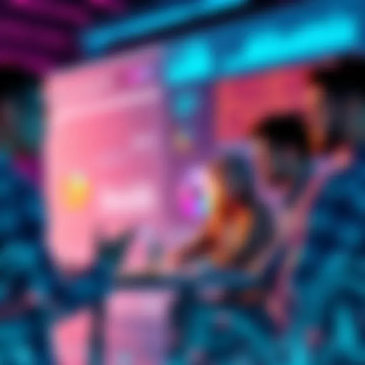 A group of people engaging in a discussion about VeChain with charts and graphs in the background.