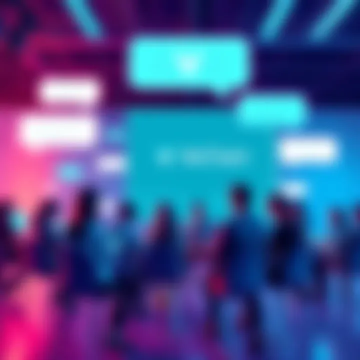 A group of people discussing VeChain updates in an online forum setting with chat bubbles and blockchain graphics.