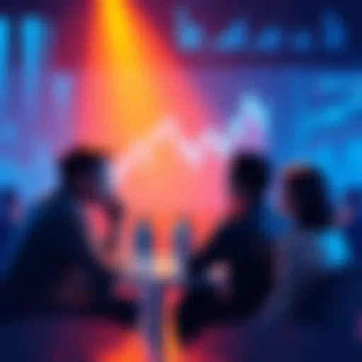 People engaging in a discussion about VeChain with charts and graphs in the background