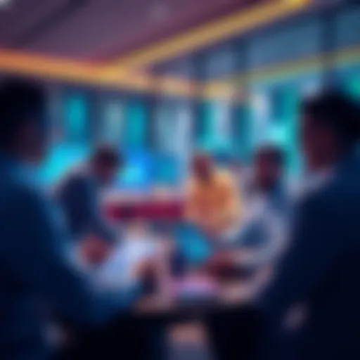 A group of people discussing VeChain updates with laptops and mobile devices in a modern setting.