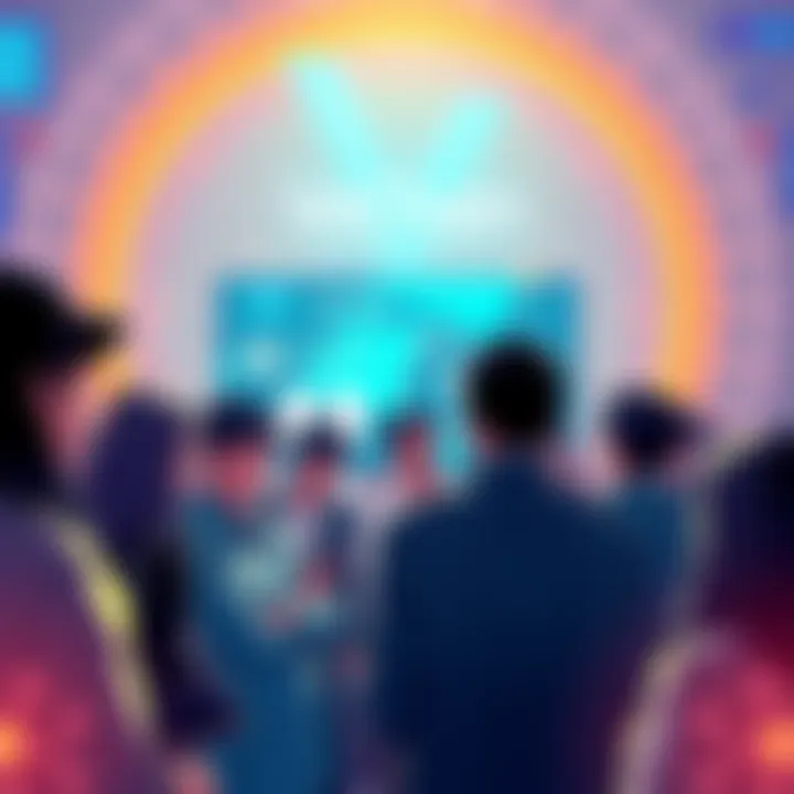 VeChain Community Discussion People engaging in a discussion about VeChain updates and innovations, with visuals representing wallets and community support.