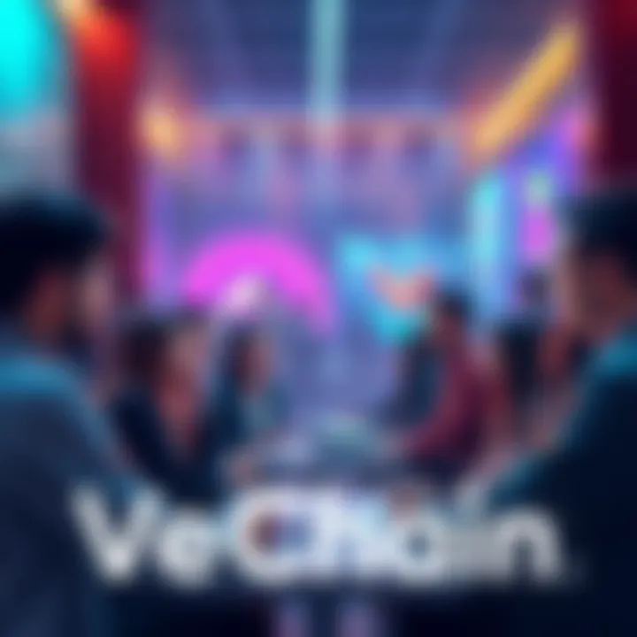 People gathered discussing VeChainThor blockchain innovations and sustainability initiatives, with a focus on StarGate staking and VeBetter app.