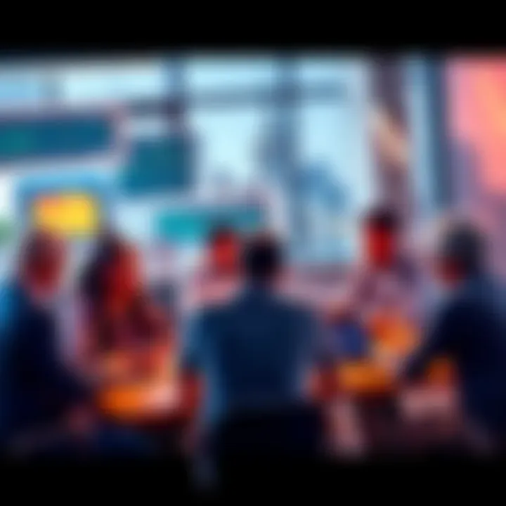 A group of people engaged in a lively discussion about Vechain, with laptops and notepads around a table.