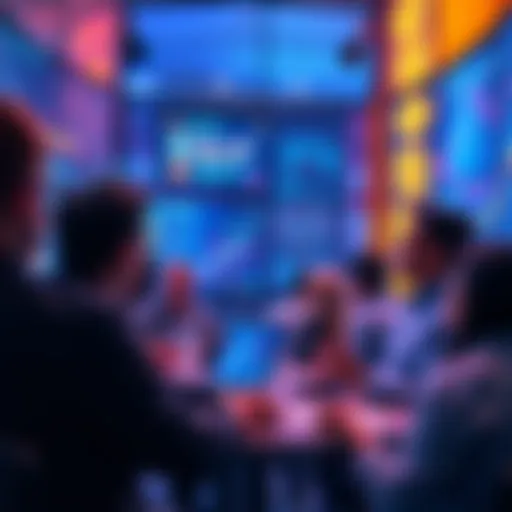 People engaging in a VeChain community discussion with screens showing updates and blockchain icons