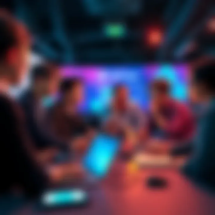 VeChain Community Engagement A group of people discussing VeChain updates and innovations in blockchain technology, with laptops and digital devices around them.
