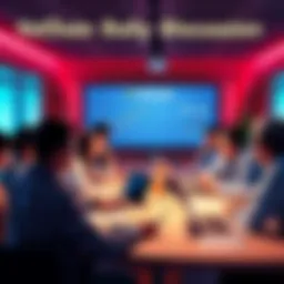 A vibrant community discussion about VeChain's updates and insights for 2026, featuring people engaging in conversation around a table with laptops and charts.