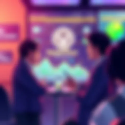 People engaging in a lively discussion about VeChain's latest updates and advancements, with a digital display of VeChainThor and sustainability initiatives in the background.