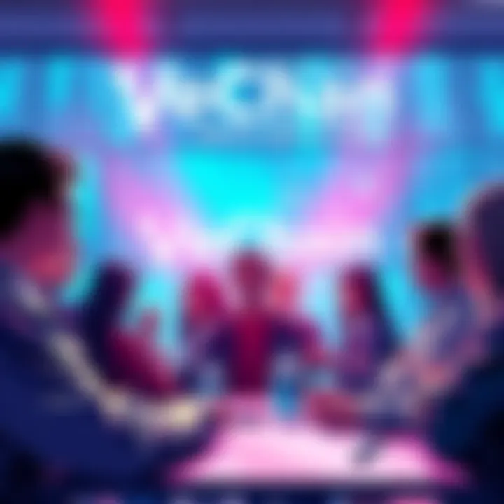 VeChain Community Discussion Group of people discussing VeChain updates, showcasing blockchain advancements and projects, with a digital backdrop