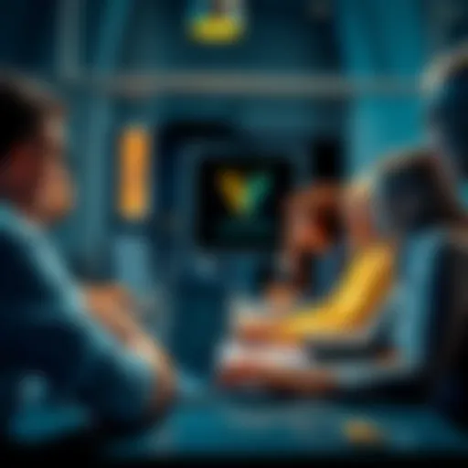 A group of people engaging in discussion about Vechain with laptops and notepads at a virtual meeting