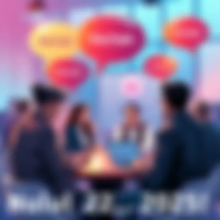 People participating in a Vechain discussion with speech bubbles and blockchain visuals.