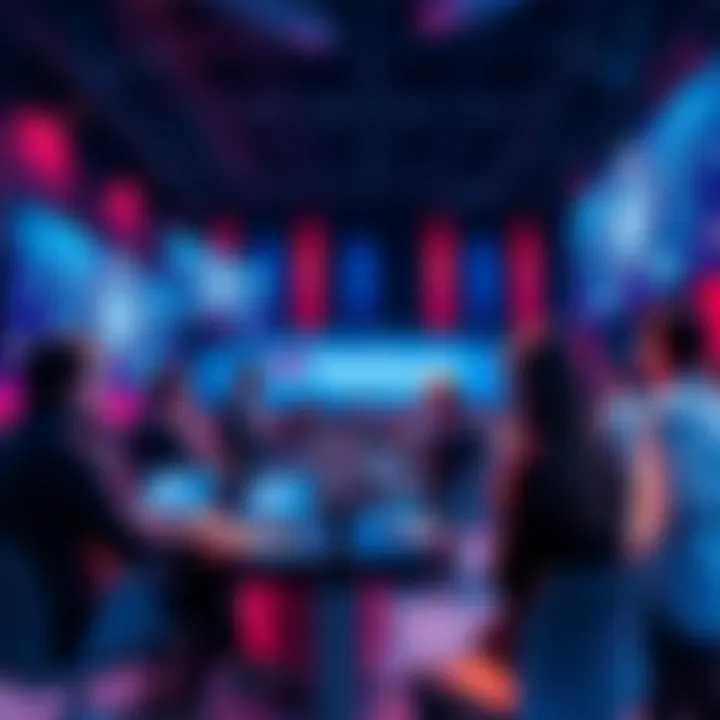 A group of people engaging in a discussion about Vechain in a forum setting with laptops and digital displays.