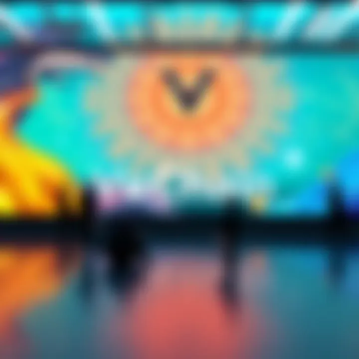 Graphic showing the VeChain logo with icons representing blockchain technology, sustainability, and community engagement, set against a vibrant background.