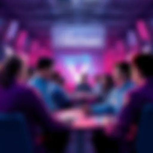 People engaging in a discussion about VeChain with visuals of the VeChainThor logo and blockchain elements, showcasing user engagement and sustainability efforts.
