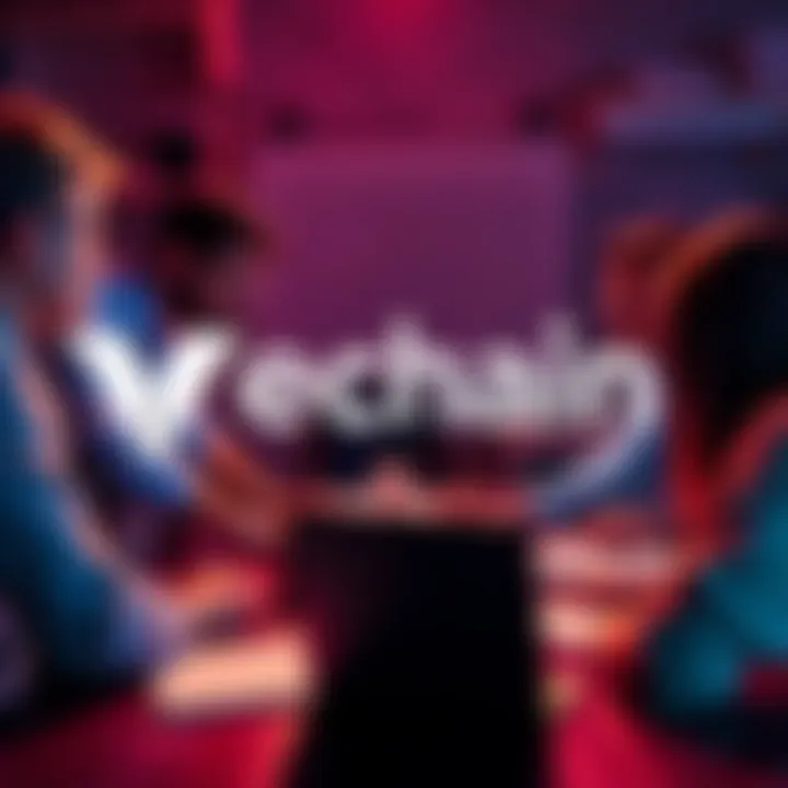 A group of people engaging in a discussion about Vechain and blockchain topics, with a laptop and notes on a table.