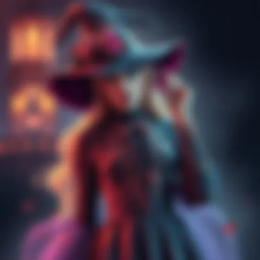 A drawing of a stylish witch outfit made of velveteen, showcasing elegance and whimsical details with a magical theme.