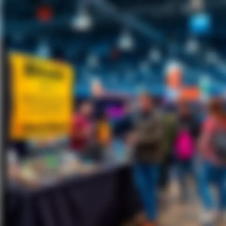 Vendor accepting Bitcoin at a trading card show A vendor booth at a trading card show with a sign promoting Bitcoin payments and people browsing collectibles.
