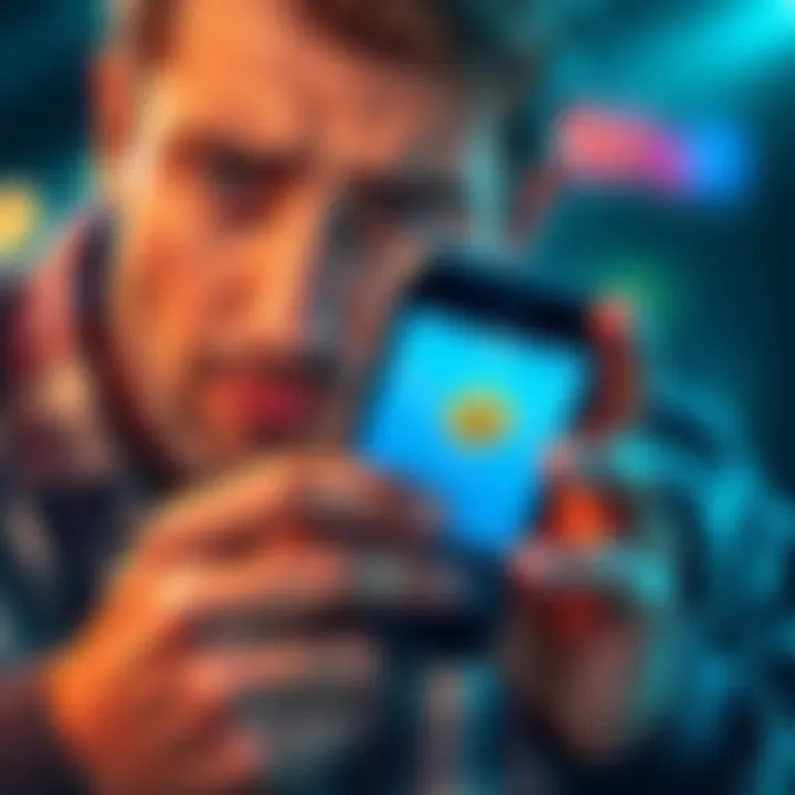 A worried person looking at a smartphone with Venmo app showing Bitcoin, indicating access issues during market dips.