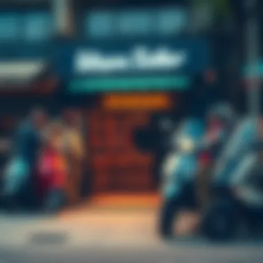 A worried crowd gathers around a Vespa seller's shop, discussing recent troubling news.