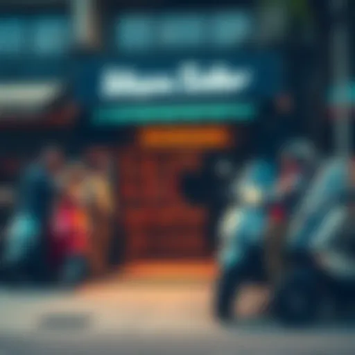 A worried crowd gathers around a Vespa seller's shop, discussing recent troubling news.
