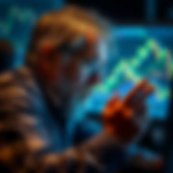 A seasoned investor looking at Bitcoin graphs on a computer screen, showing highs and lows over the years