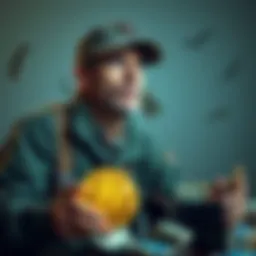 A military veteran looks thoughtful while holding a Bitcoin symbol, surrounded by signs of financial struggle like bills and empty wallets.