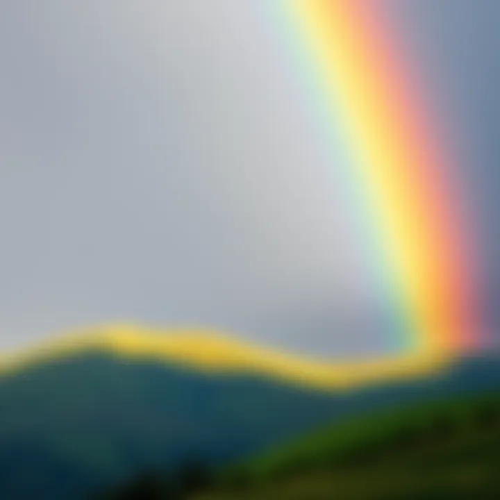A bright rainbow arches over green hills after a rain shower, showcasing nature's colors.