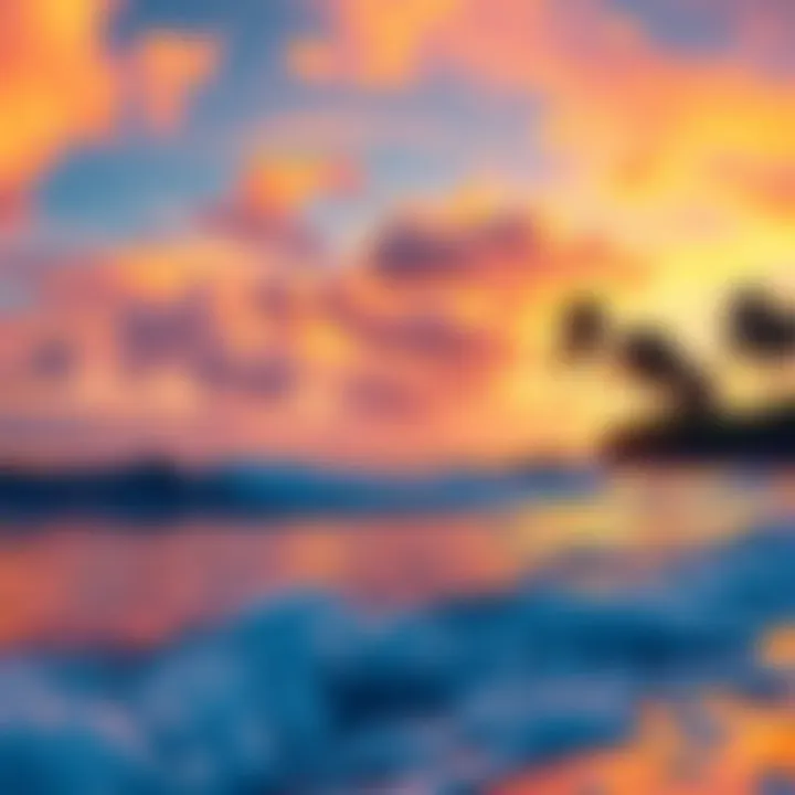 Glistening waves and palm trees under a colorful sky