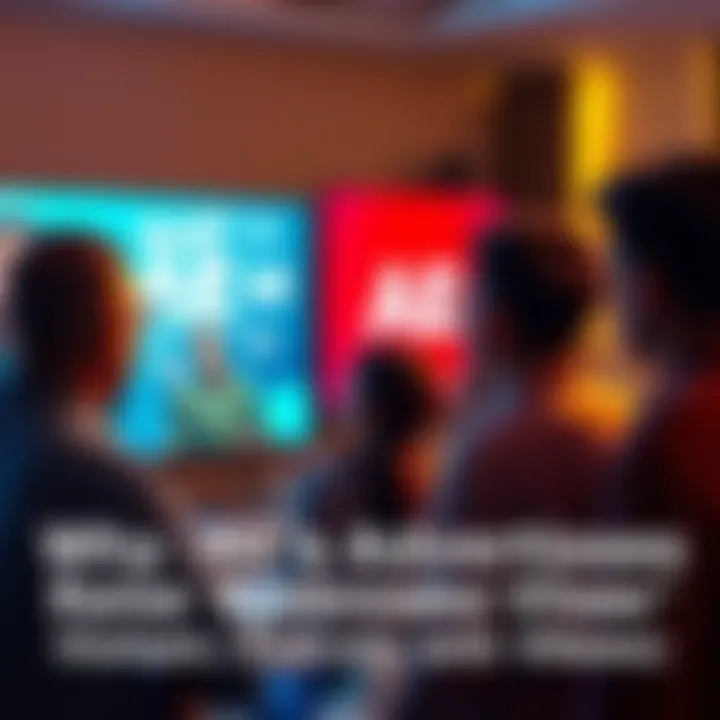 Viewers confused by AE ad Group of people watching AE advertisement on TV, looking puzzled and discussing it.