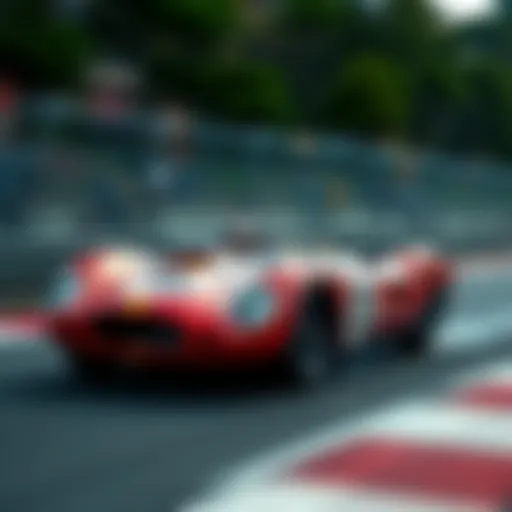 A vintage racing car speeding on the track during a competition, showcasing its classic design and vibrant colors.