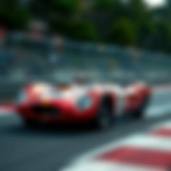 A vintage racing car speeding on the track during a competition, showcasing its classic design and vibrant colors.