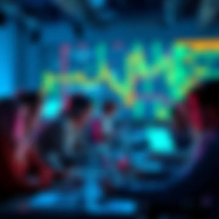 A group of people participating in a virtual hackathon, coding on laptops with colorful graphics in the background, symbolizing innovation and teamwork.