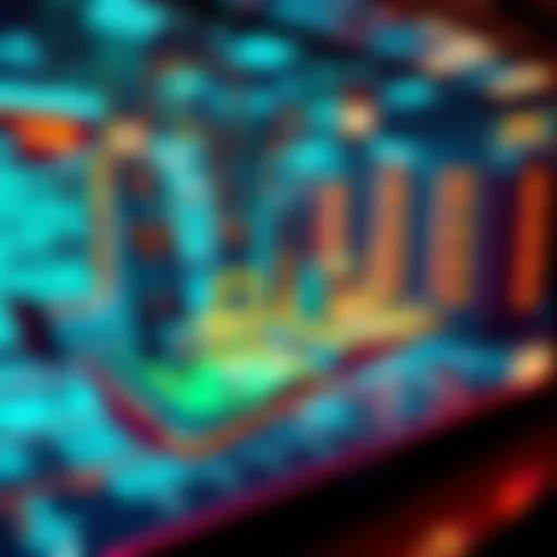 A digital representation of virtual land parcels on a screen with server icons in the background