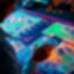 A person analyzing different properties on a digital map representing virtual real estate options such as legendary parcels and city areas.
