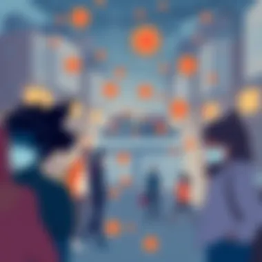 An infographic showing the spread of a virus through a community, with illustrations of people wearing masks and practicing social distancing.