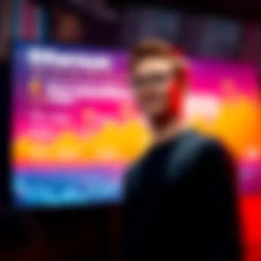 Vitalik Buterin stands in front of a digital screen showing the new Ethereum roadmap with highlights on security and AI advancements.